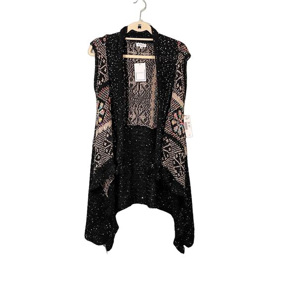 ADORE Cardigan Womens S Black Floral Sequins Open Front Sleeveless Sweater NWT - Picture 1 of 11